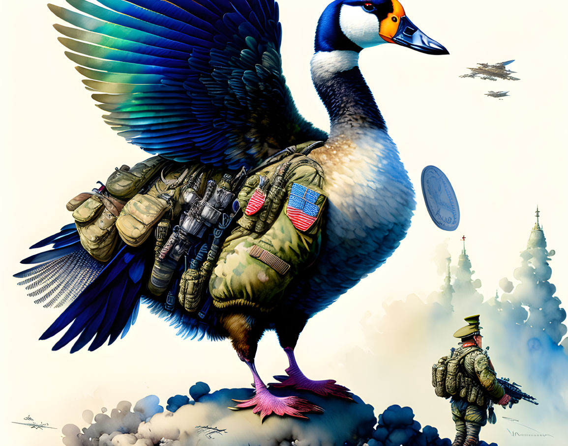 Colorful Duck with Expanded Wings and Military Vest Next to Human Figure in Combat Gear on Floating Islands