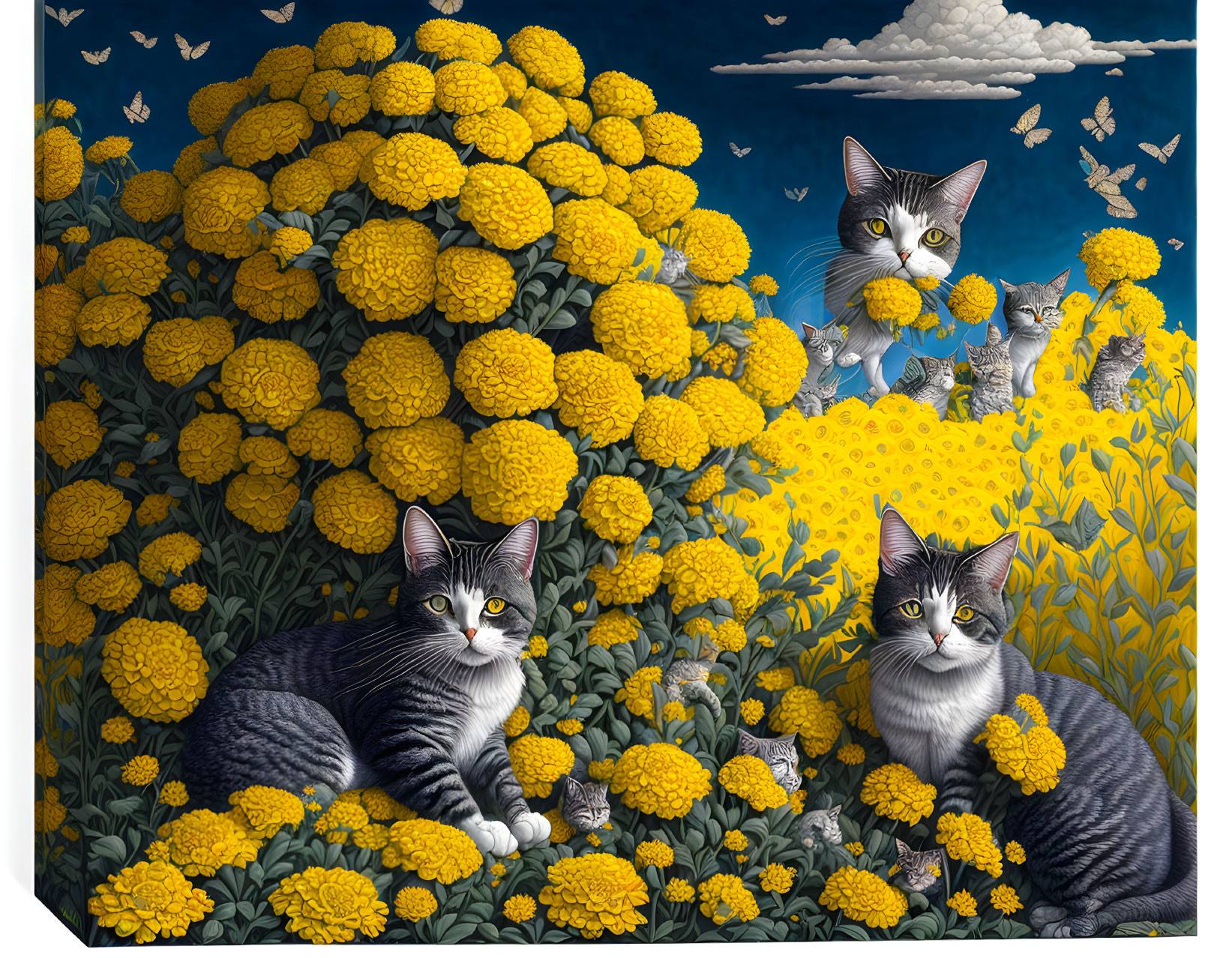 Surreal illustration of grey and white cats with marigold flowers