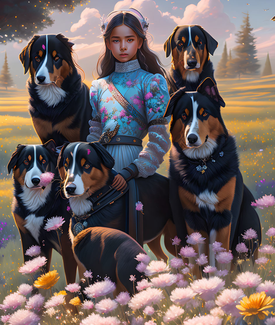 Young woman in floral dress with majestic dogs among pink flowers in golden-lit field