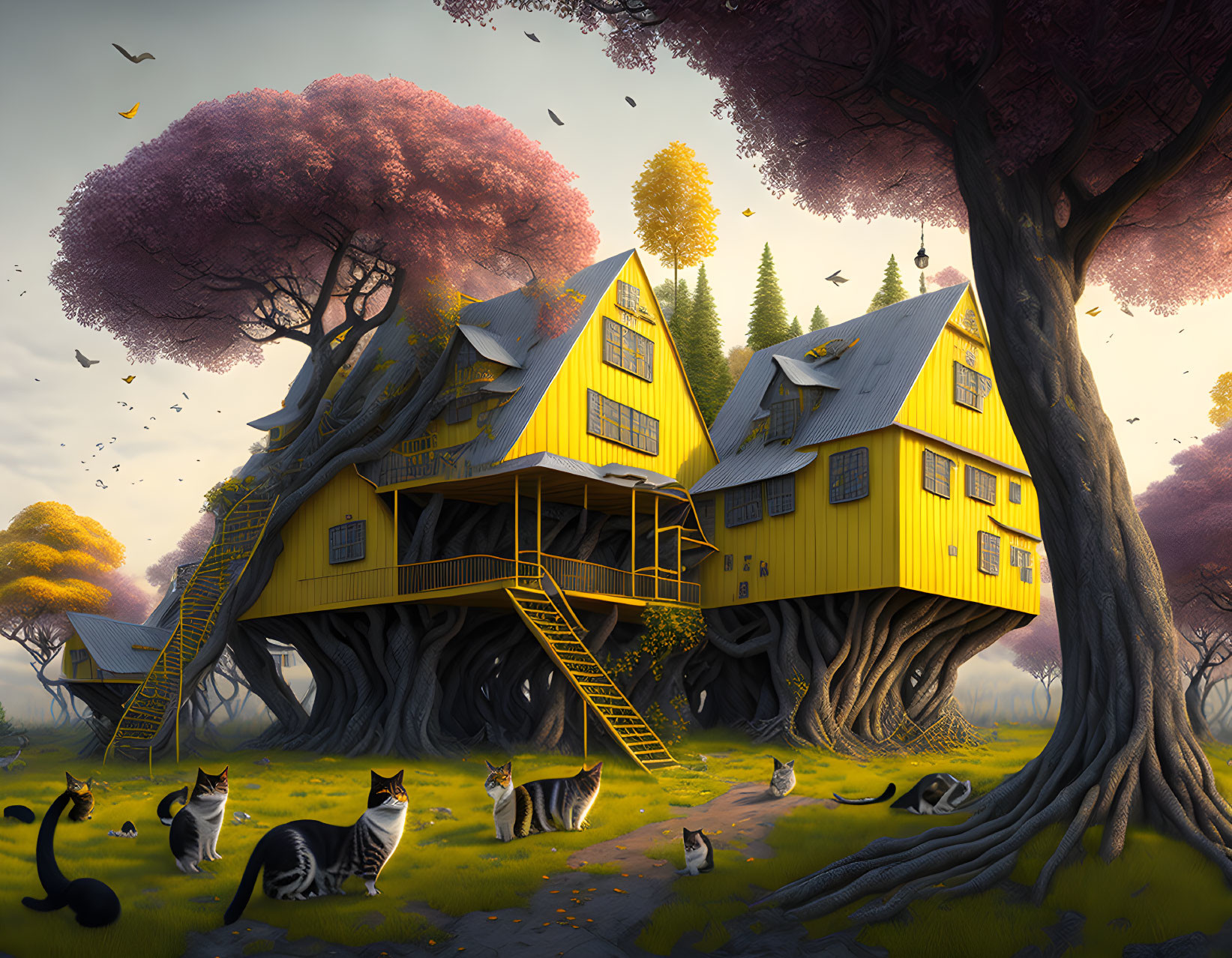 Vibrant yellow treehouse in lush setting with cats under twilight sky