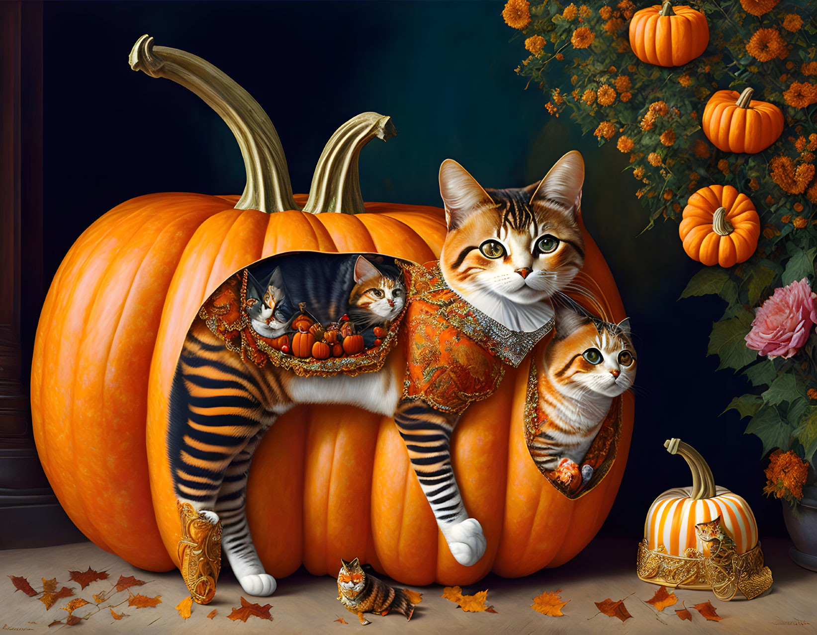 Whimsical painting of pumpkin with cat face, kittens, autumn backdrop