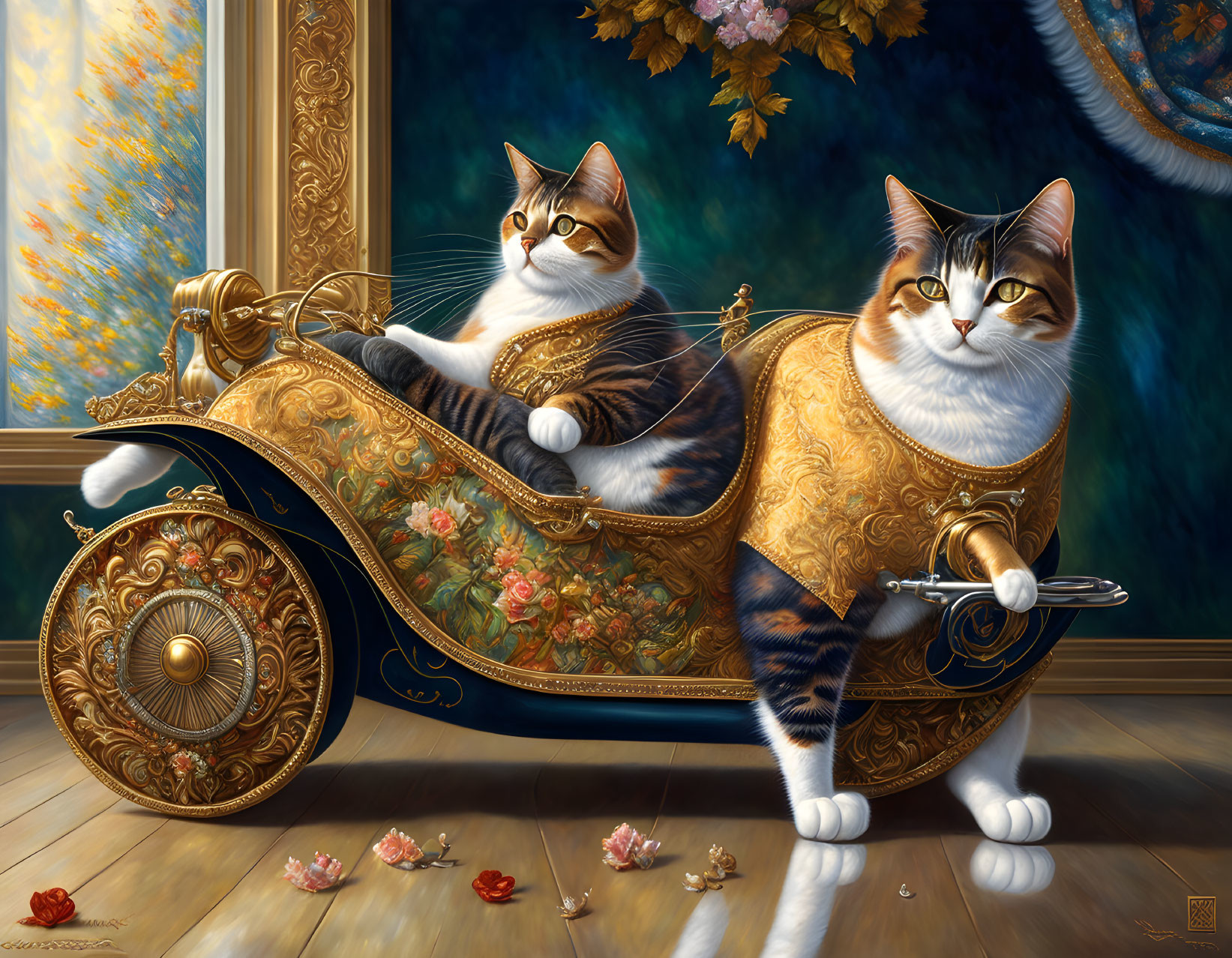 Regal cats in luxurious attire with golden carriage and guard.