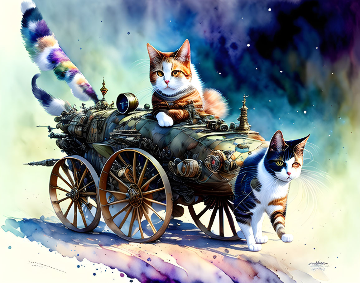 Steampunk-style carriage with two cats on colorful nebula background