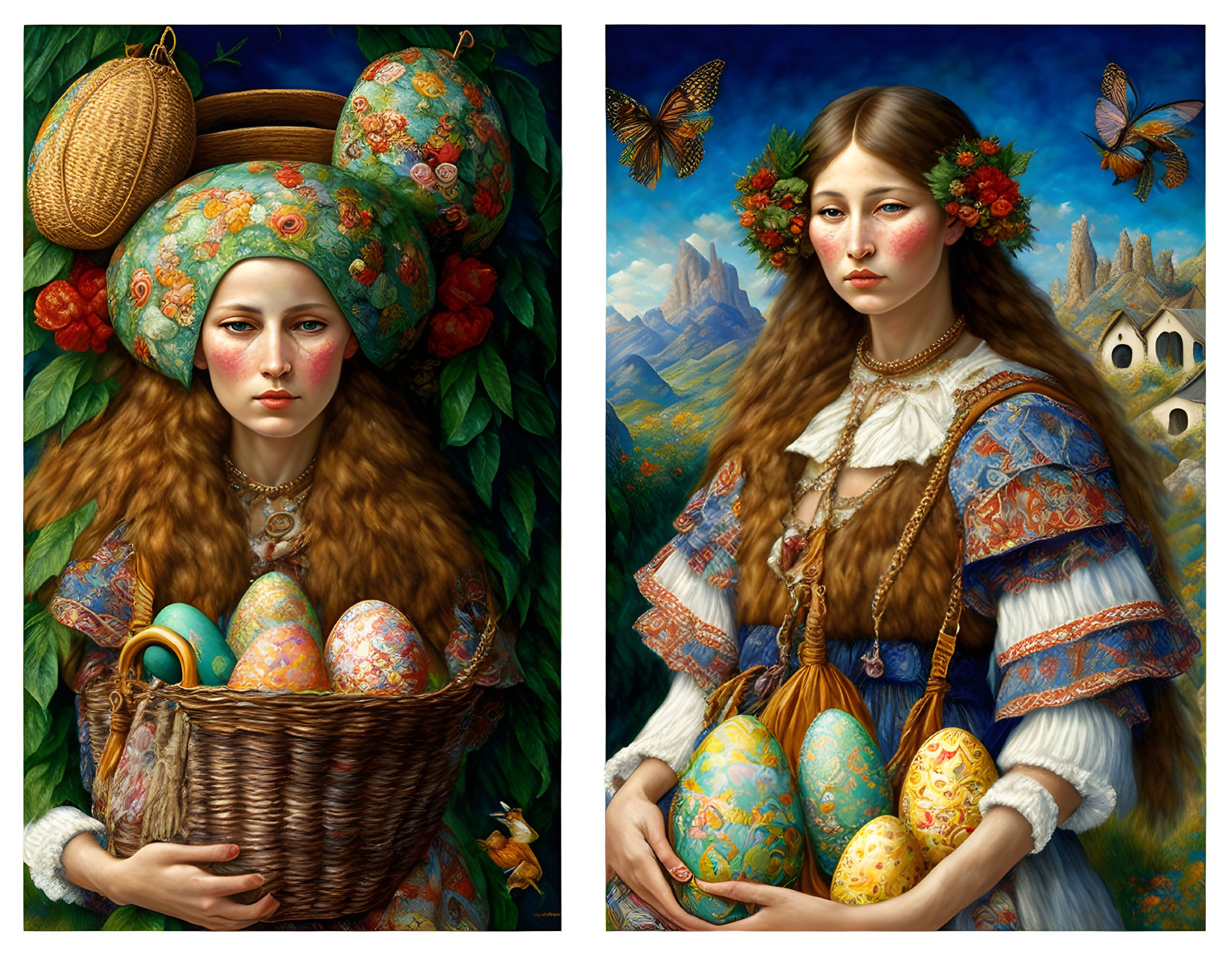 Two intricate paintings of a woman in traditional dress with decorated eggs, set in nature with whimsical backdrop