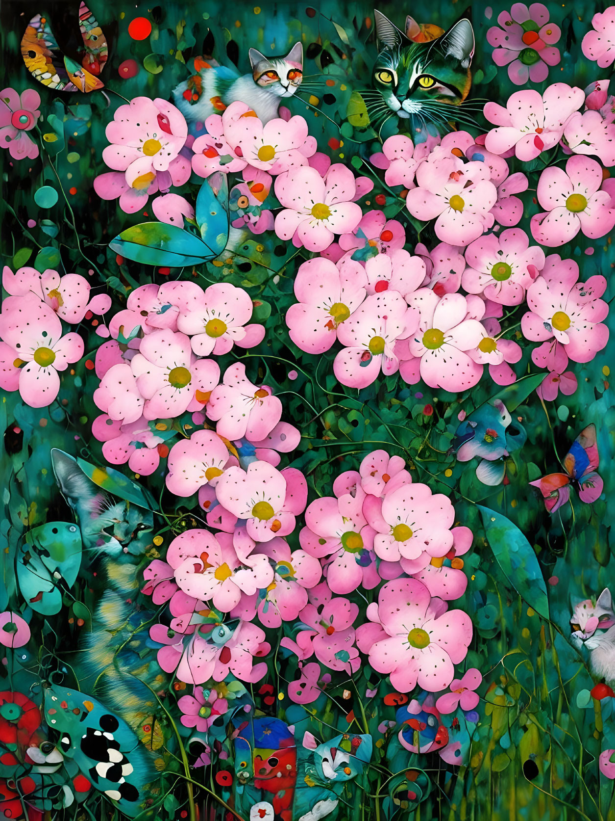 Colorful artwork featuring hidden cats, pink flowers, butterflies, and lush greenery.