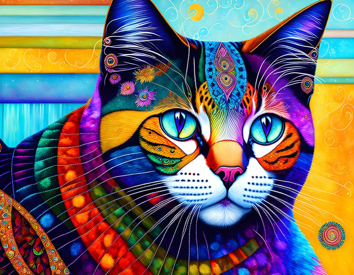 Colorful Whimsical Cat Artwork with Psychedelic Patterns