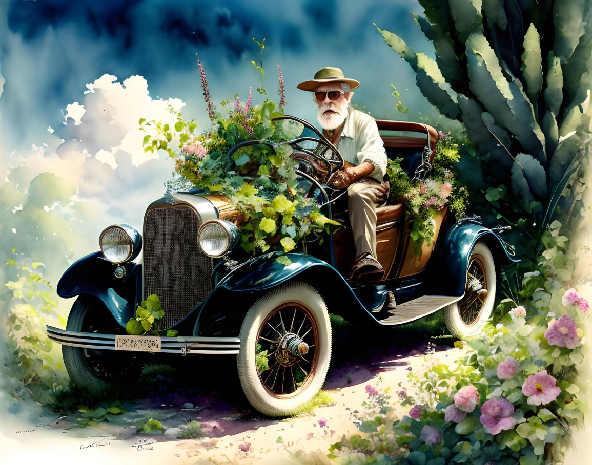 Elderly man with white beard in classic car surrounded by lush plants