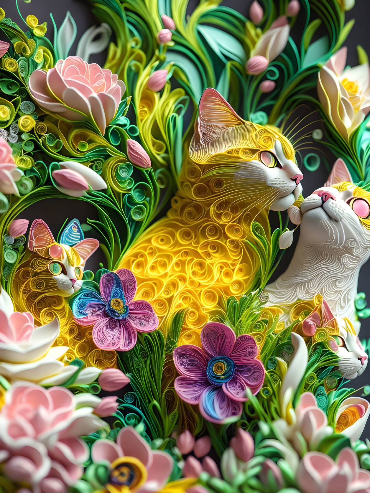 Colorful digital artwork: Two stylized cats in vibrant floral scene