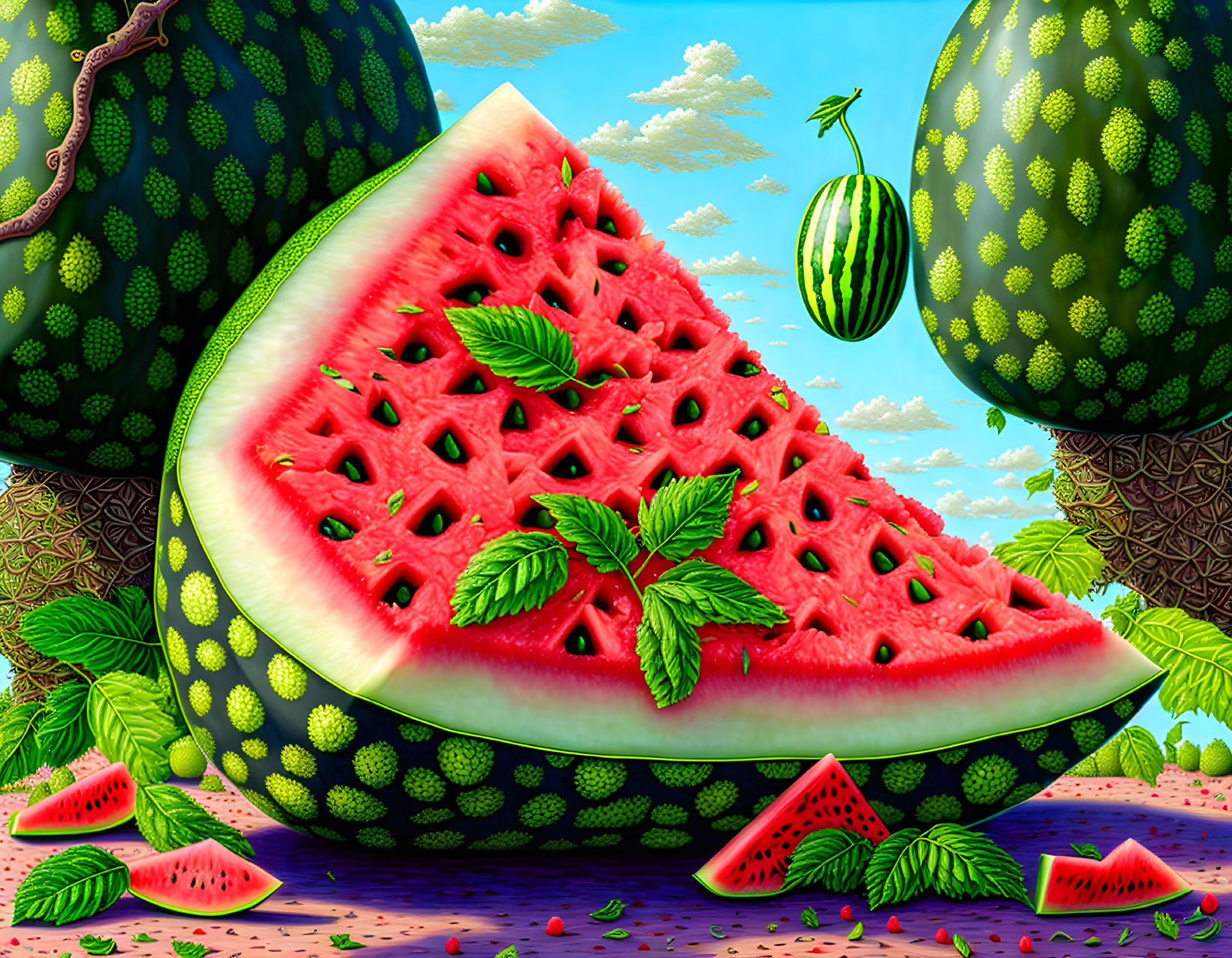 Whimsical landscape with watermelon trees and slices