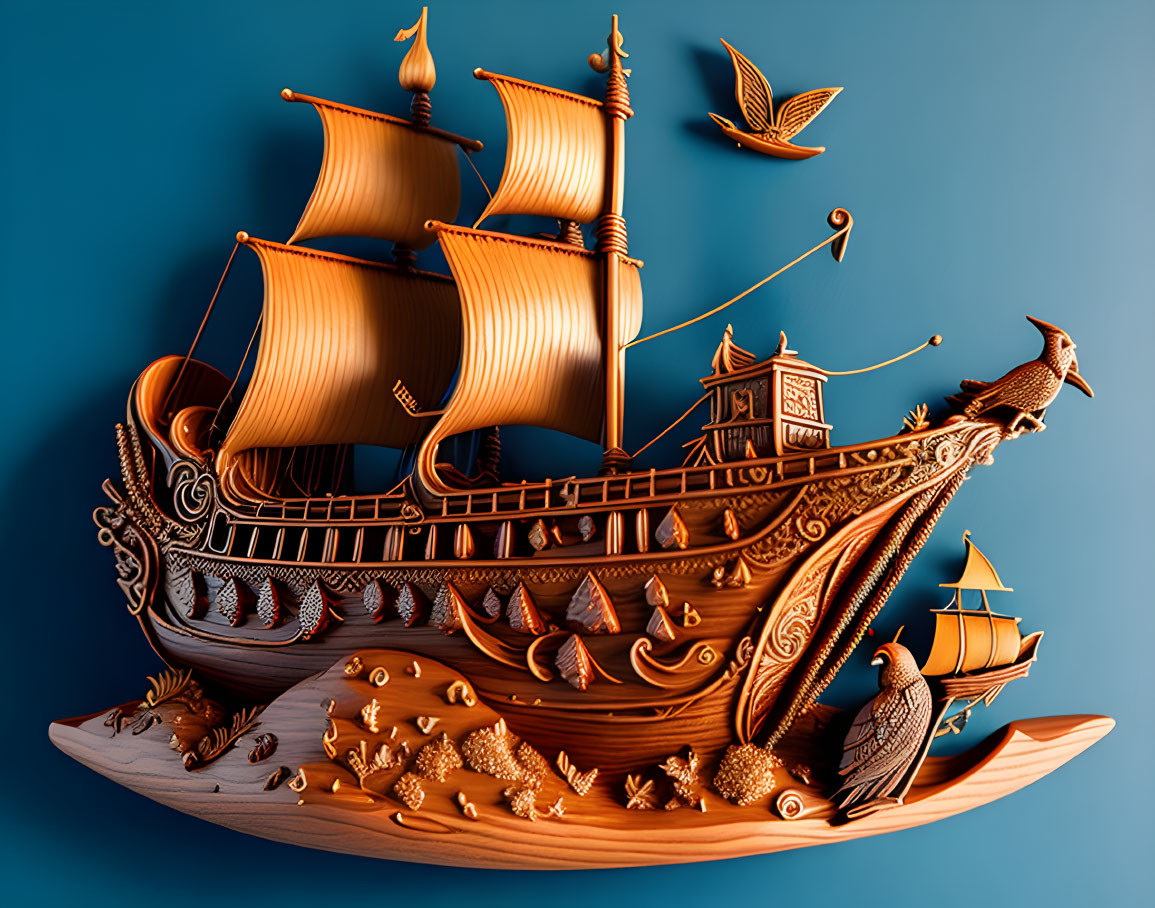 Detailed Wooden Ship with Carvings and Marine Life Motifs