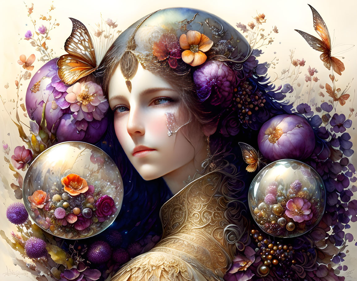 Illustrated portrait of woman with flowers, butterflies, and spheres of flowers