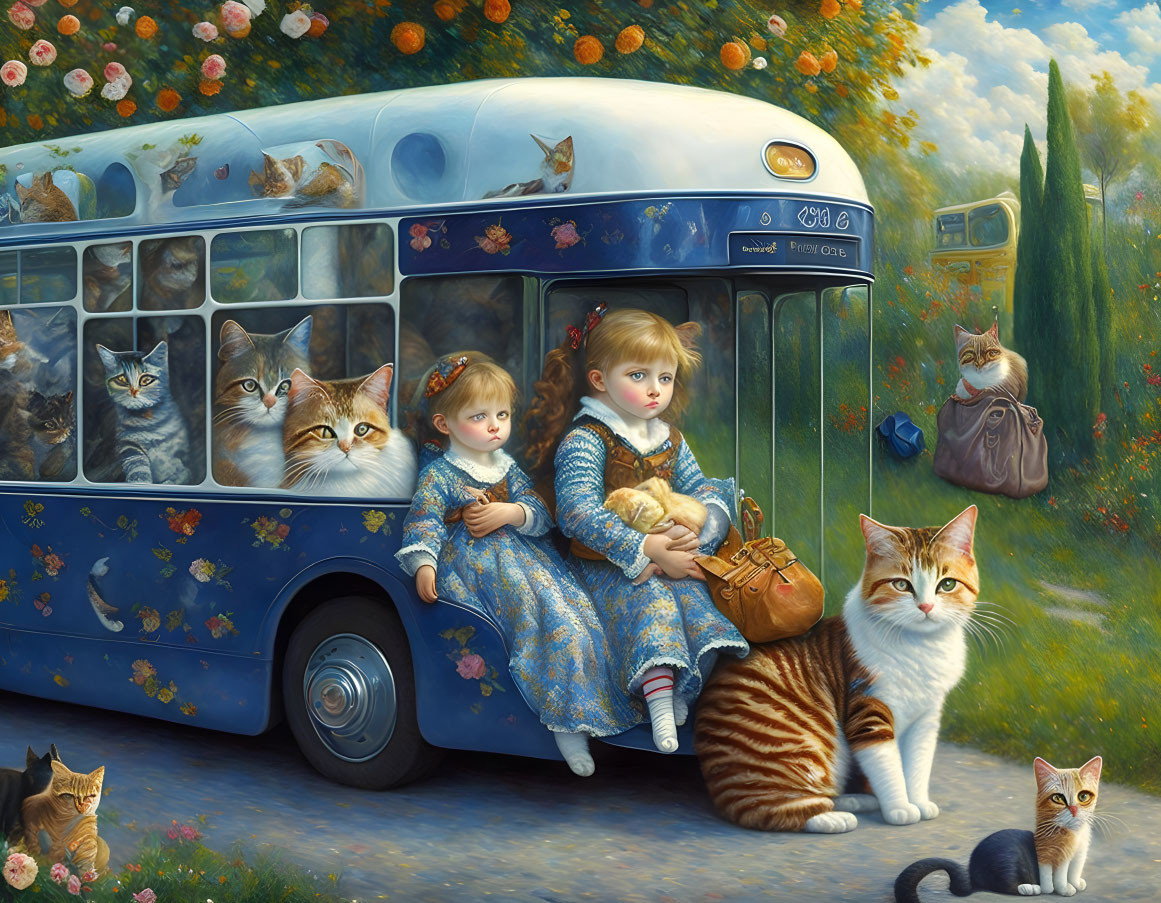 Two young girls with cats at blue bus in floral setting