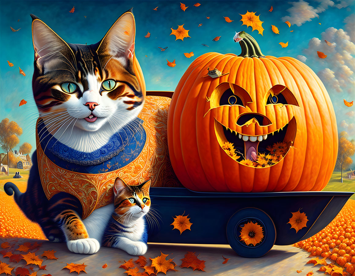 Two cats with carved pumpkin in wheelbarrow under blue sky