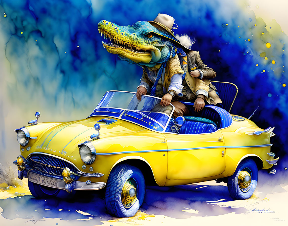 Alligator in Suit Driving Yellow Convertible Car on Blue Background