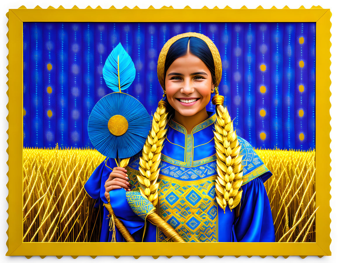 Smiling woman in traditional blue and gold costume with braided hair and fan