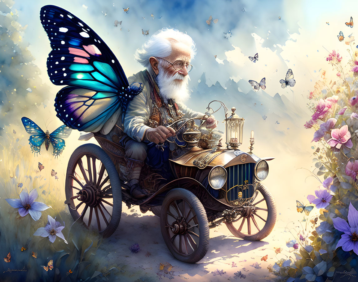 Elderly character with butterfly wings in vintage car surrounded by butterflies and flowers