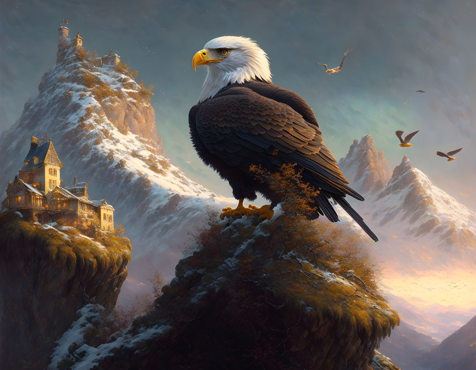 Bald eagle on branch with castle on peak against warm sky