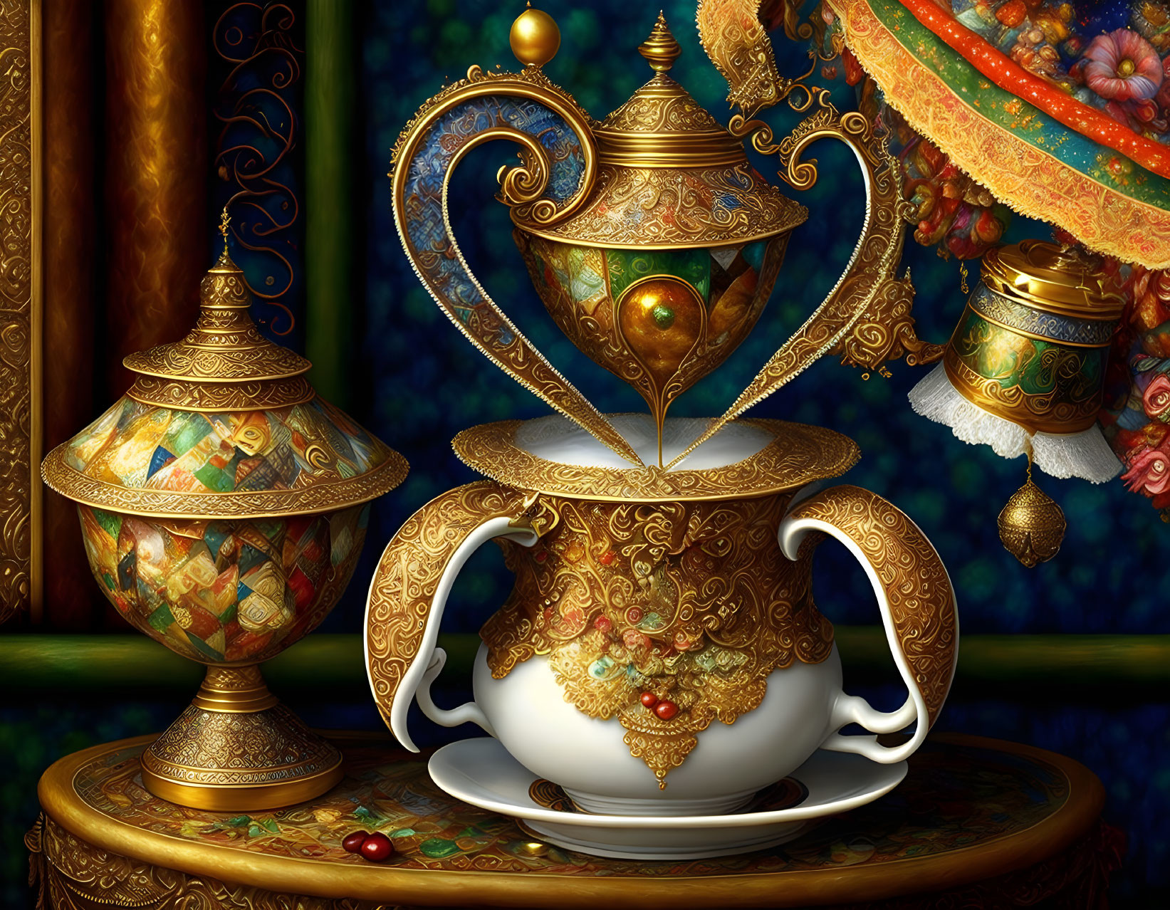 Golden Teapot and Decorated Urn on Ornate Saucer Against Patterned Backdrop