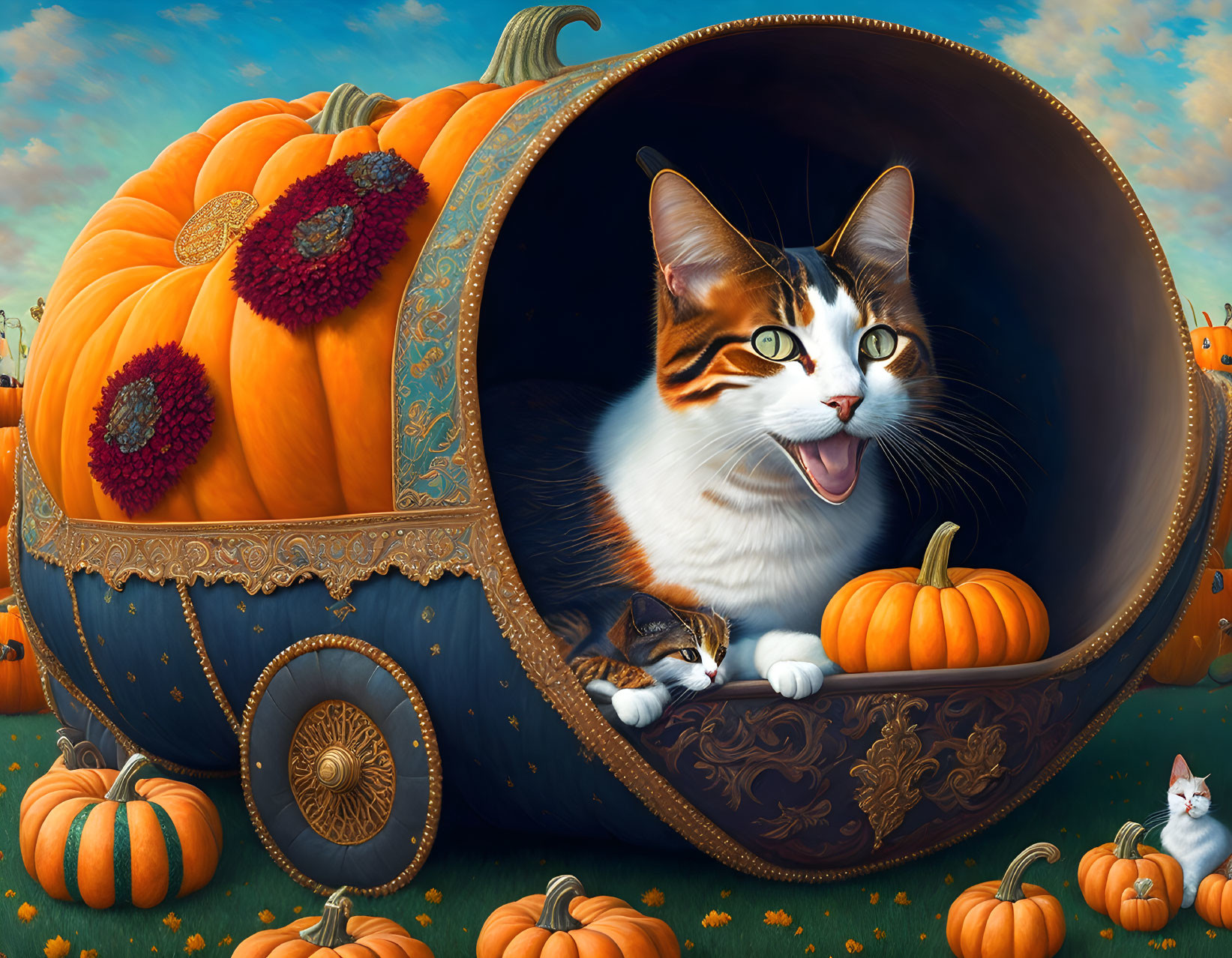 Whimsical pumpkin carriage with cats in vibrant autumn scene