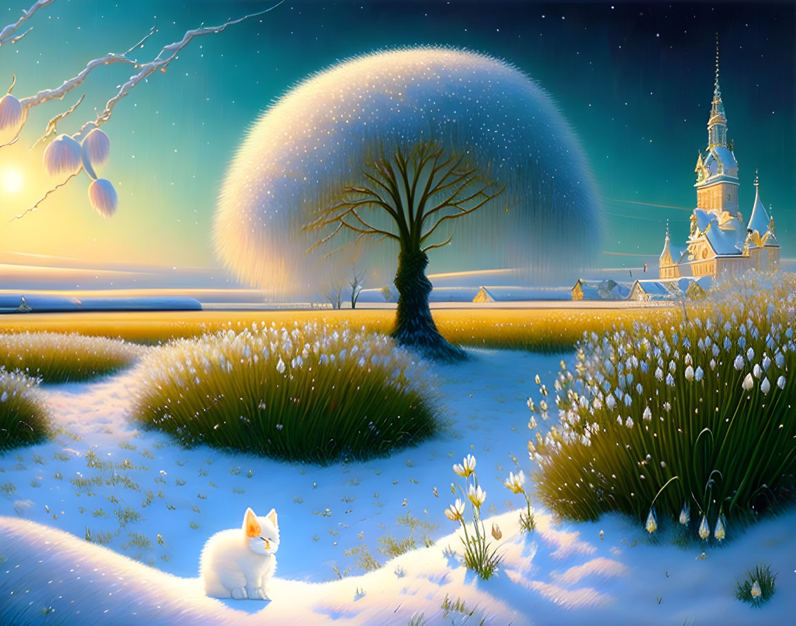 Winter landscape with glowing tree, snow, flowers, white cat, and castle under starry sky