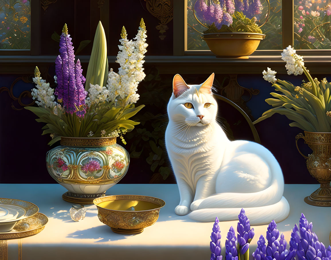 White cat on elegant table with gold dishes, purple and white flowers, and blue drapery