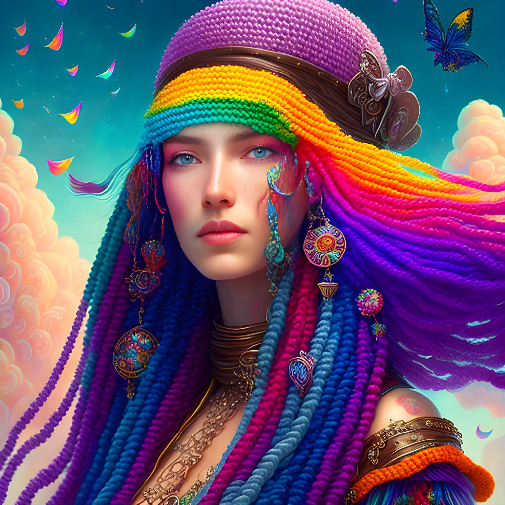 Vivid Rainbow-Colored Hair Woman Portrait with Eclectic Jewelry and Butterflies on Blue Sky Background