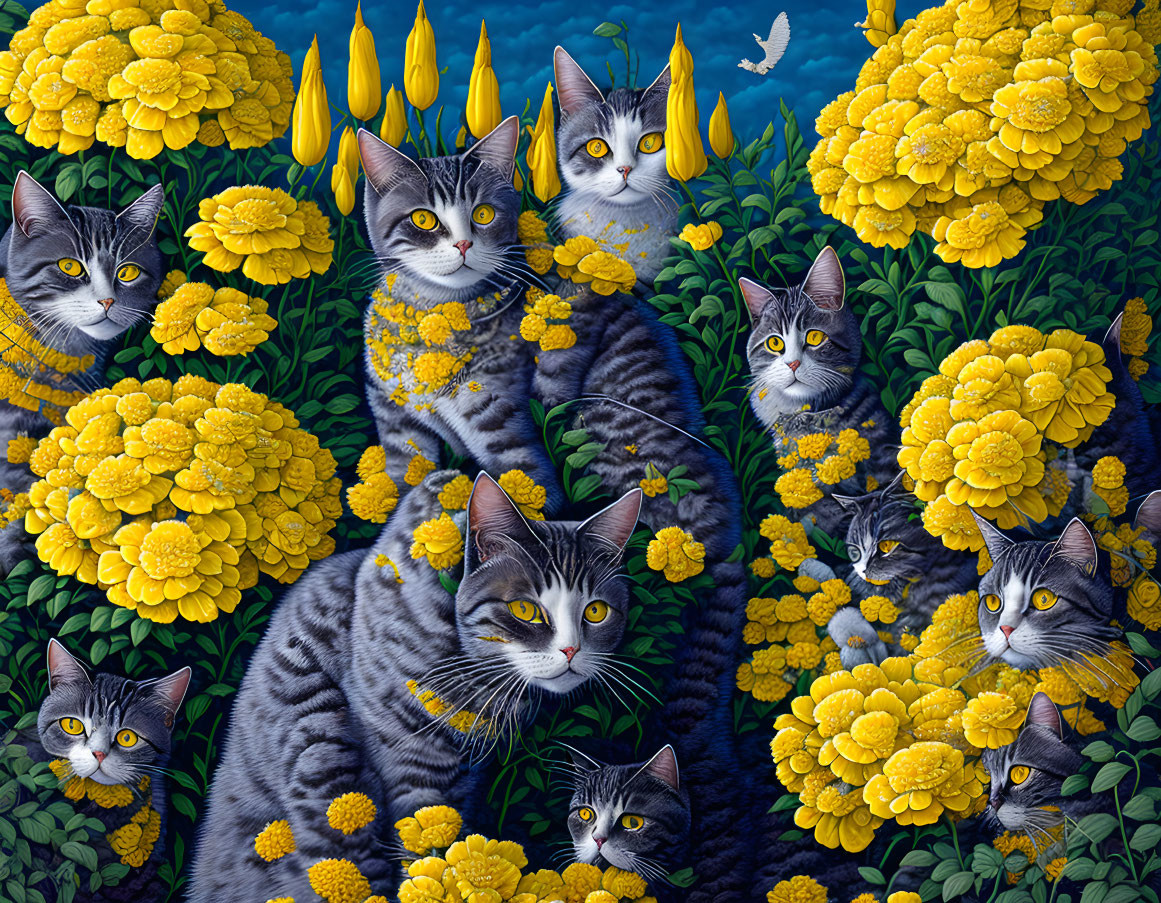 Multiple Grey Striped Cats Among Yellow Marigold Flowers with White Bird