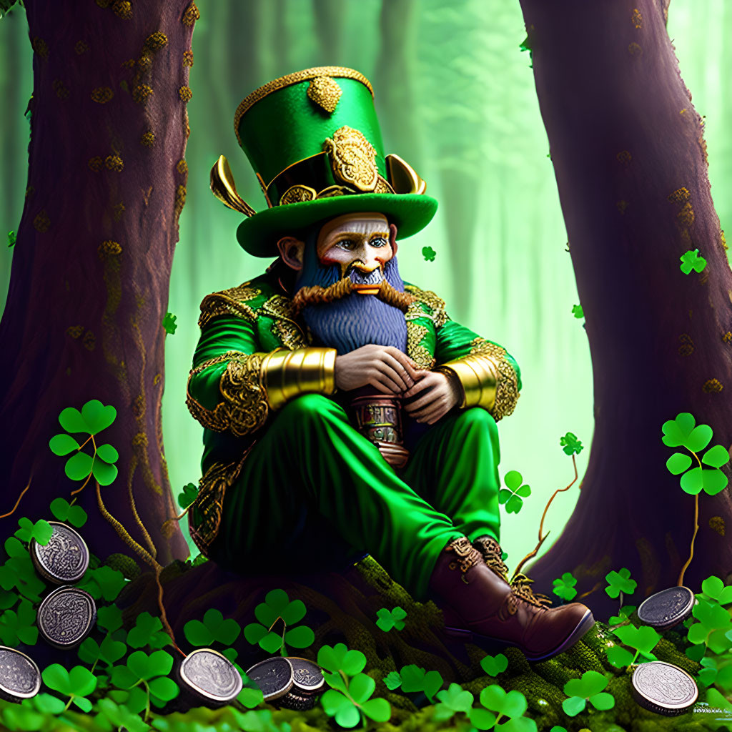 Whimsical leprechaun in vibrant green with shamrocks and coins