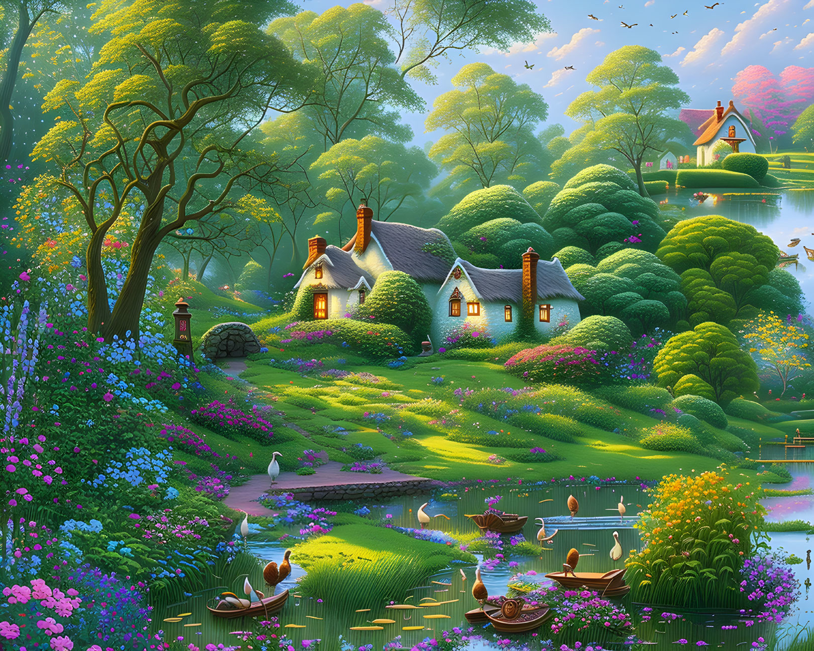 Tranquil countryside landscape with thatched cottages, gardens, pond, and colorful flora