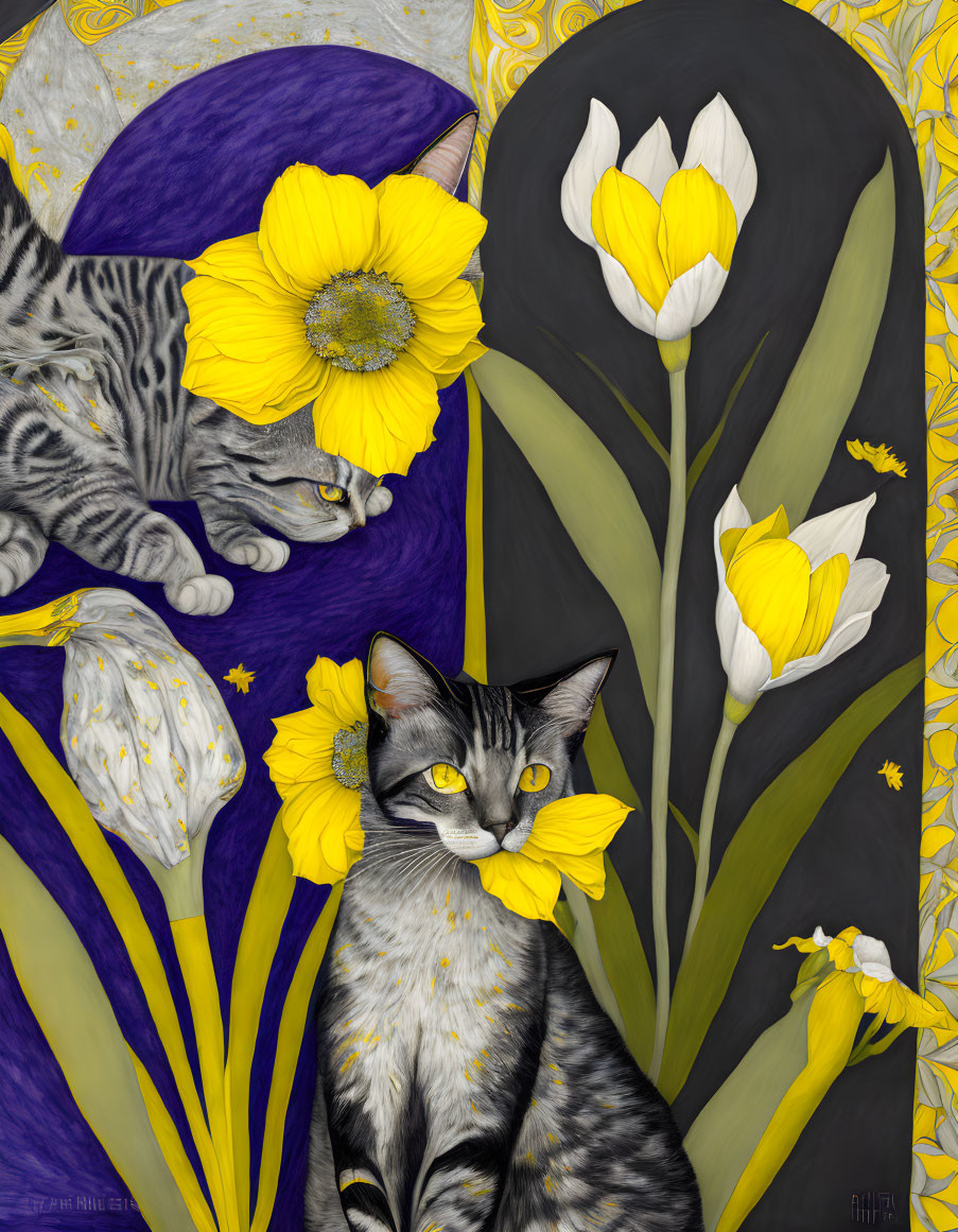 Colorful artwork of two cats amidst yellow and white flowers with intricate patterns in yellow, grey, and