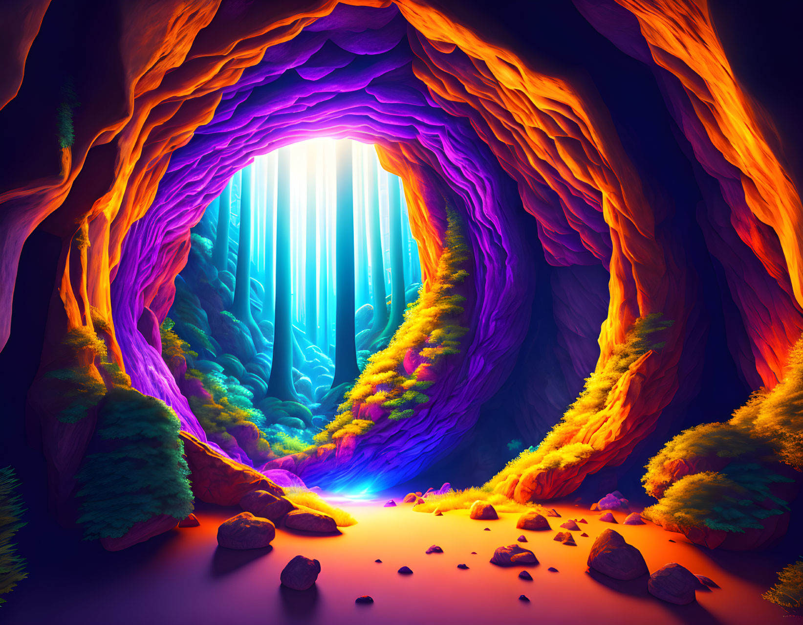 Colorful Cave Digital Artwork with Radiant Blue Light and Lush Trees