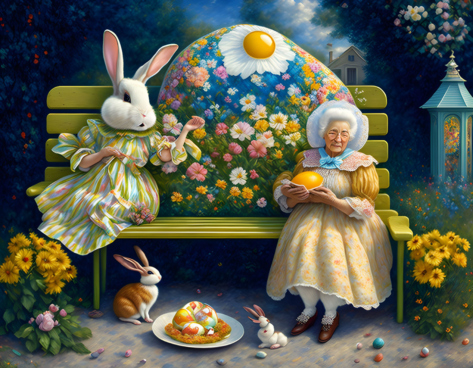 Elderly lady and rabbit on bench with Easter egg house and decorations