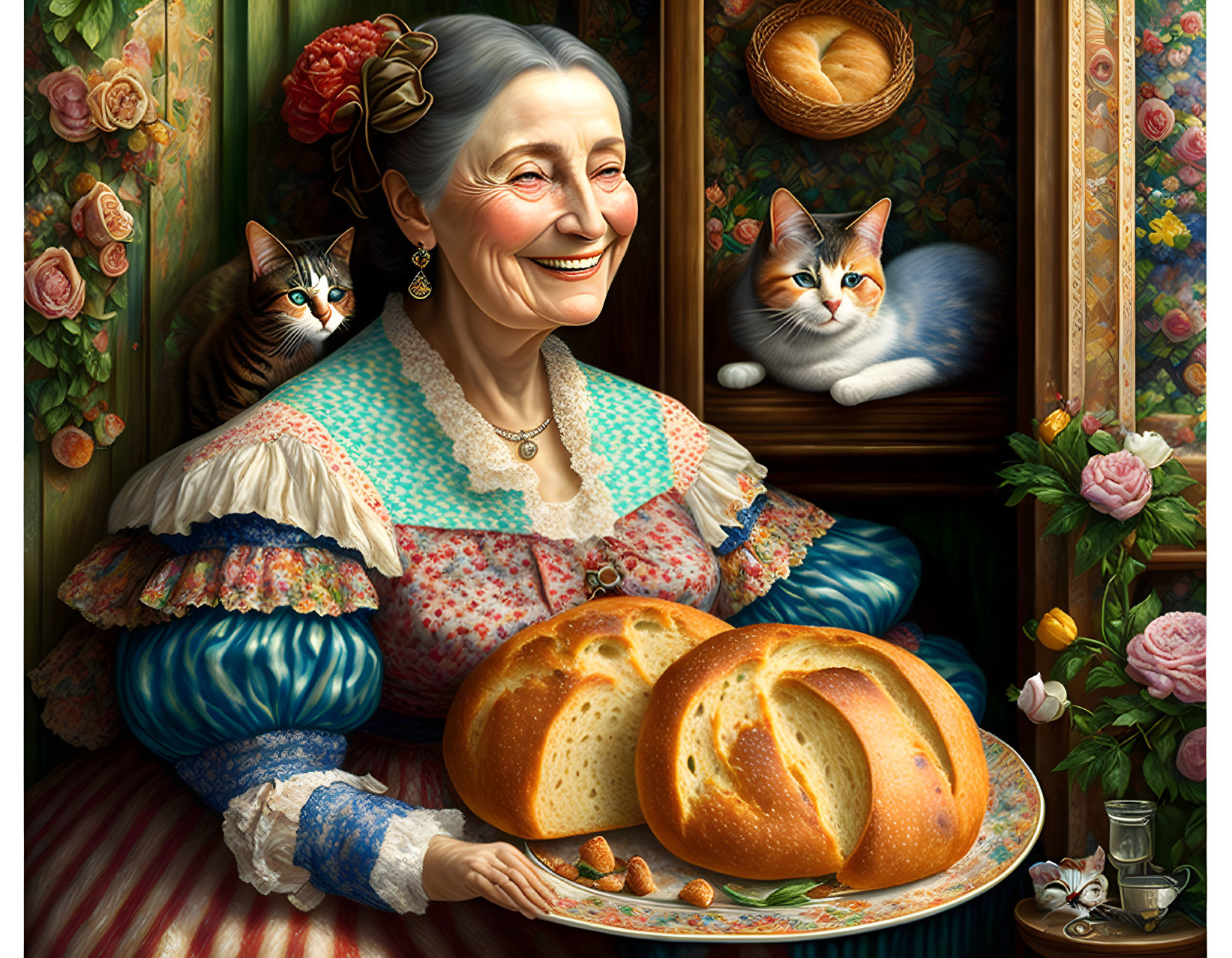 Elderly Woman in Floral Dress Surrounded by Cats, Flowers, and Bread