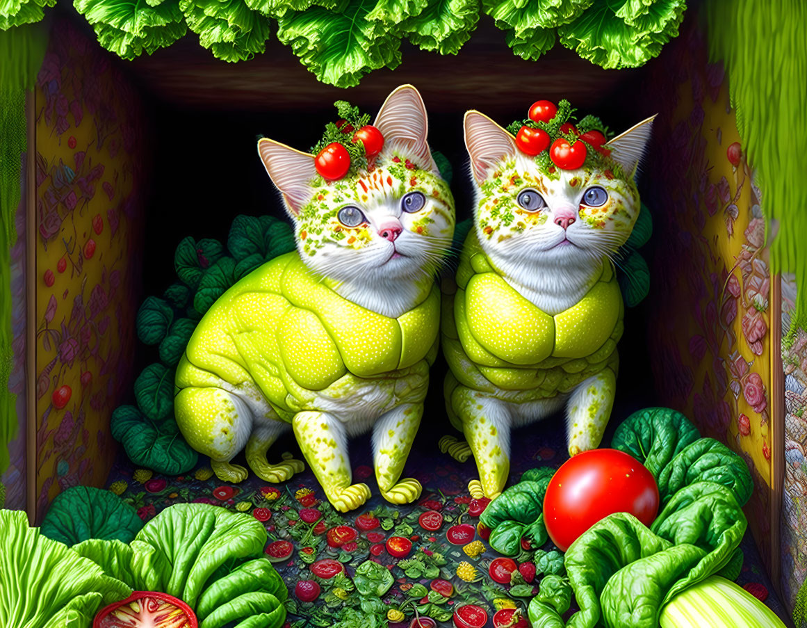 Whimsical lemon-shaped cats with tomato and basil, surrounded by vegetables in wooden crate