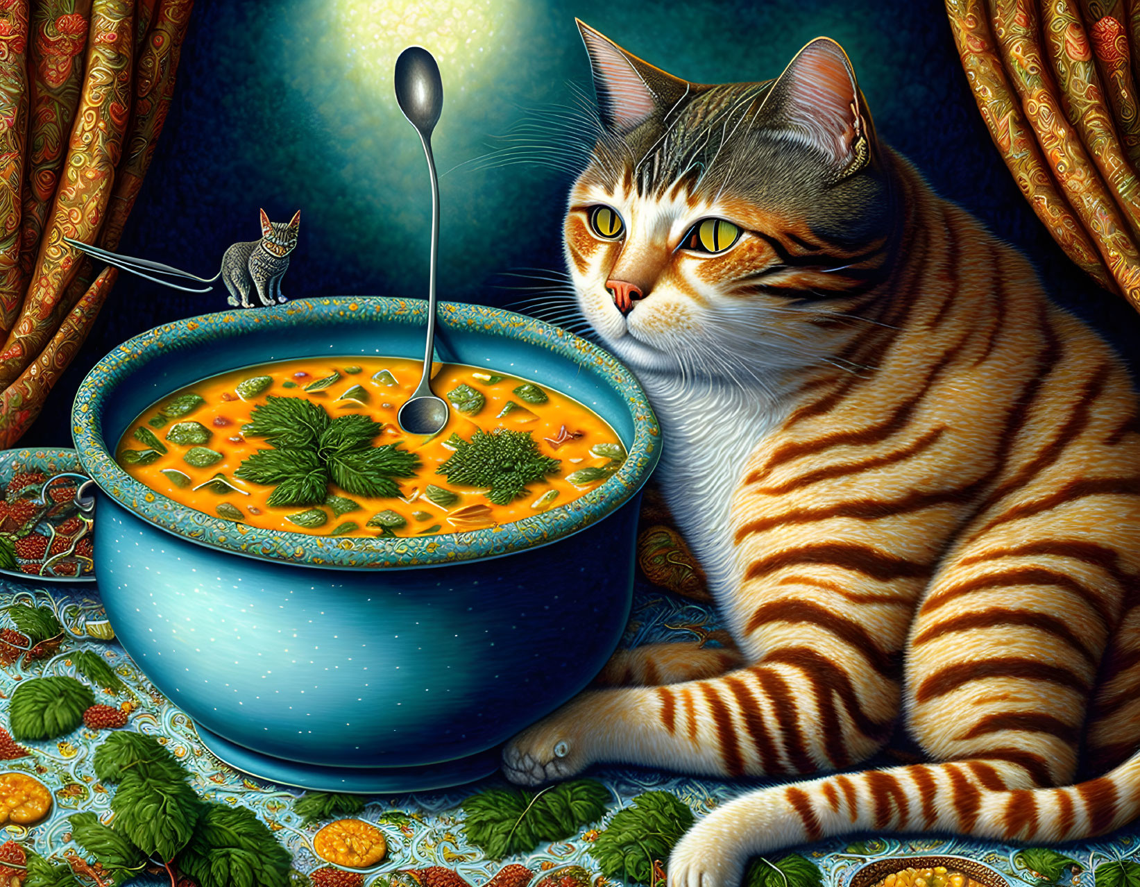 Colorful Striped Cat Painting with Giant Soup Bowl