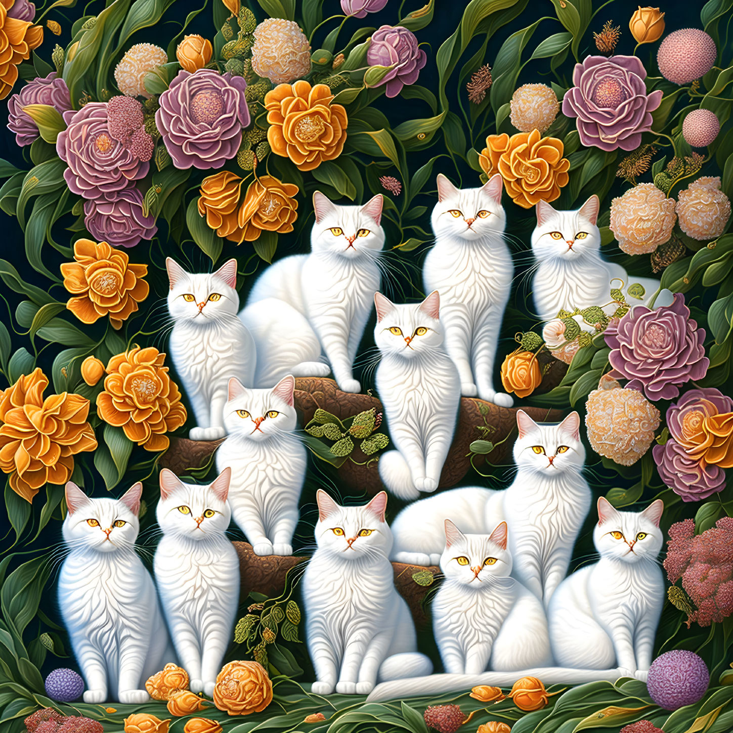 Nine White Cats Among Colorful Flowers and Fruits with Varied Eye Colors