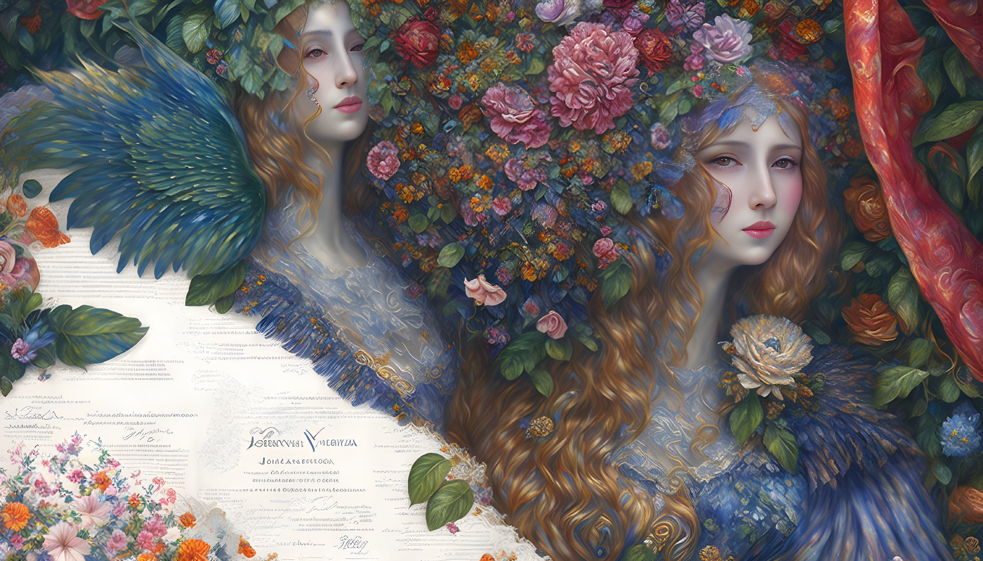 Detailed illustration of two women with floral and feather elements, merging with handwritten letters and flowers.