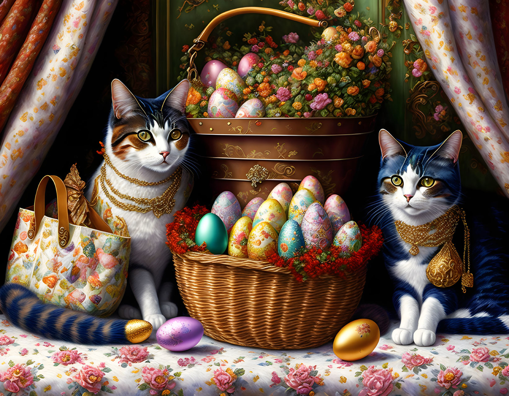 Two Cats with Easter Eggs and Floral Bag on Drapery Backdrop