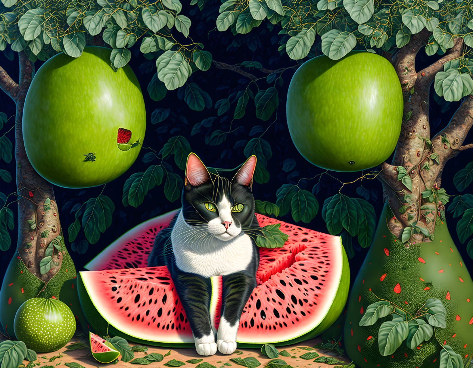 Whimsical illustration of cat on watermelon with fruits and foliage