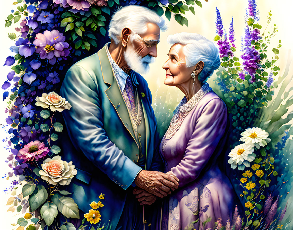 Elderly couple holding hands surrounded by colorful flowers