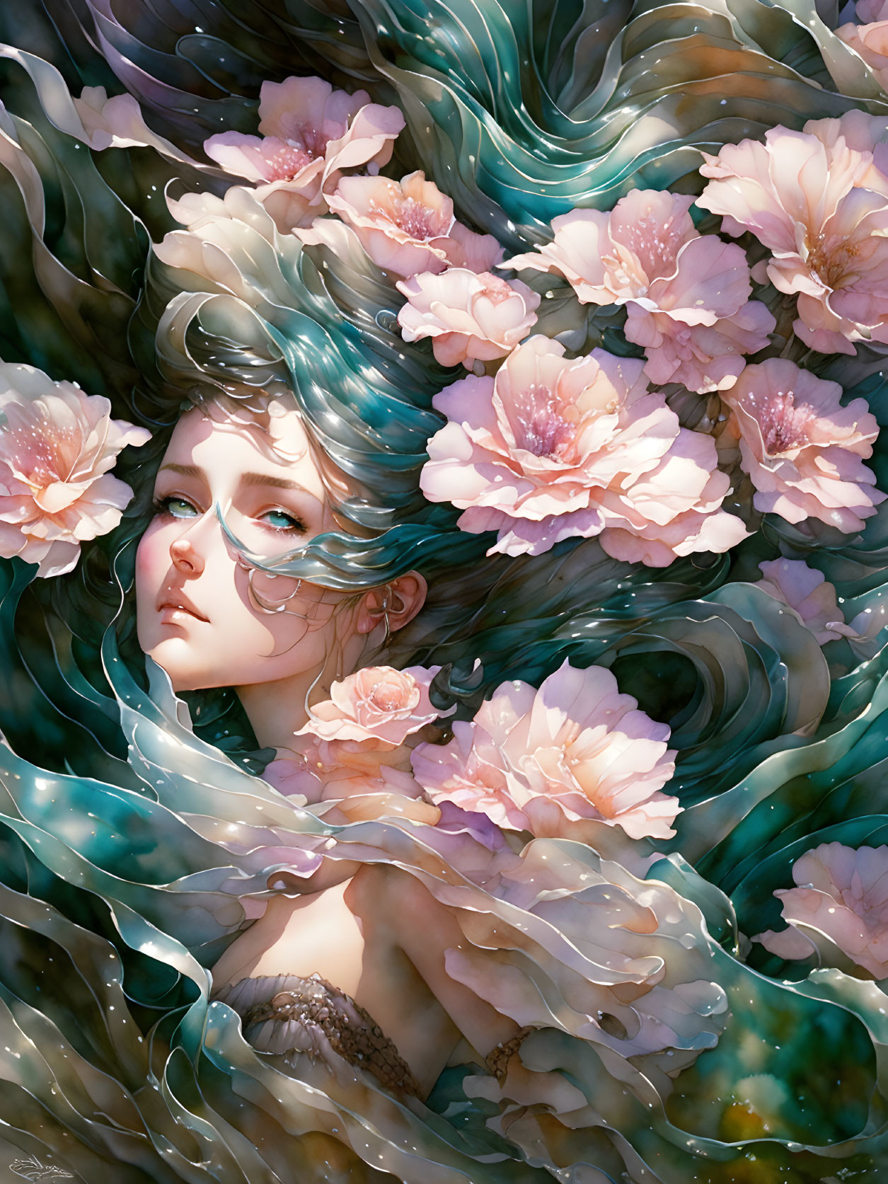 Ethereal artwork: Woman with teal hair and pink flowers in serene portrait