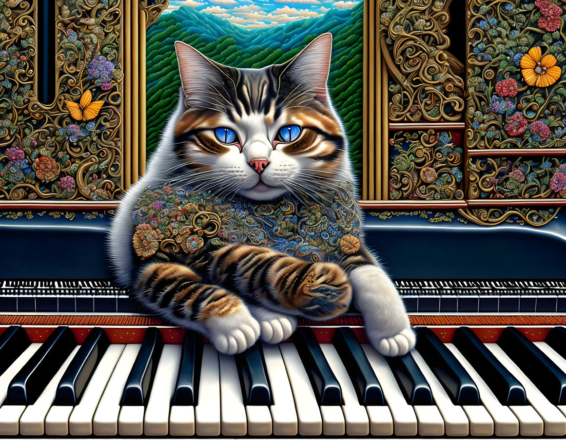 Digital artwork: Cat with blue eyes on piano keys, floral patterns, butterflies