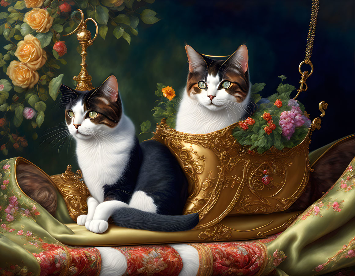 Regal Cats in Golden Cup with Flowers and Roses