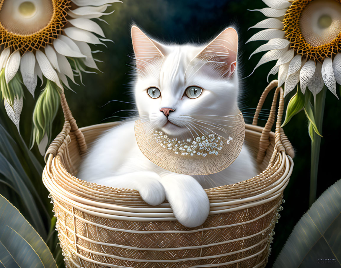 Fluffy white cat with blue eyes in wicker basket among sunflowers