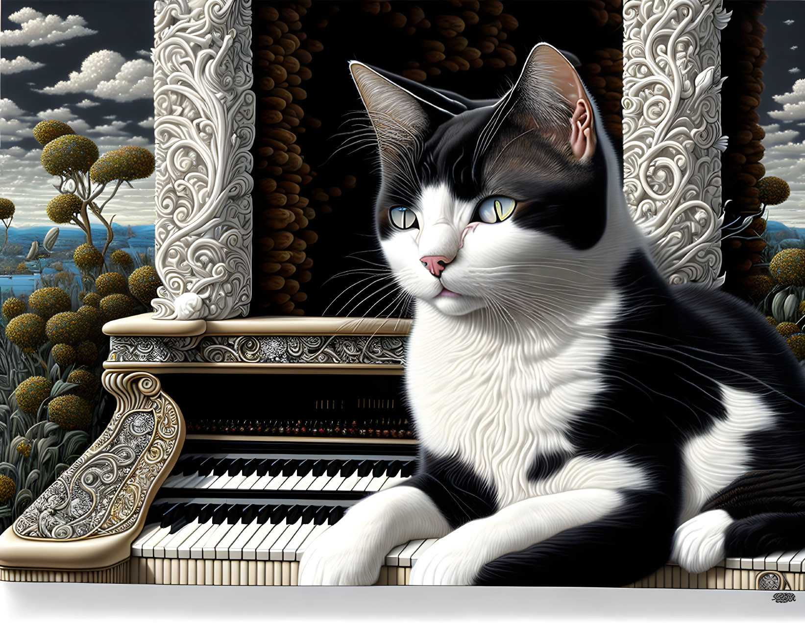 Black and white cat on piano near fireplace with surreal tree sculptures