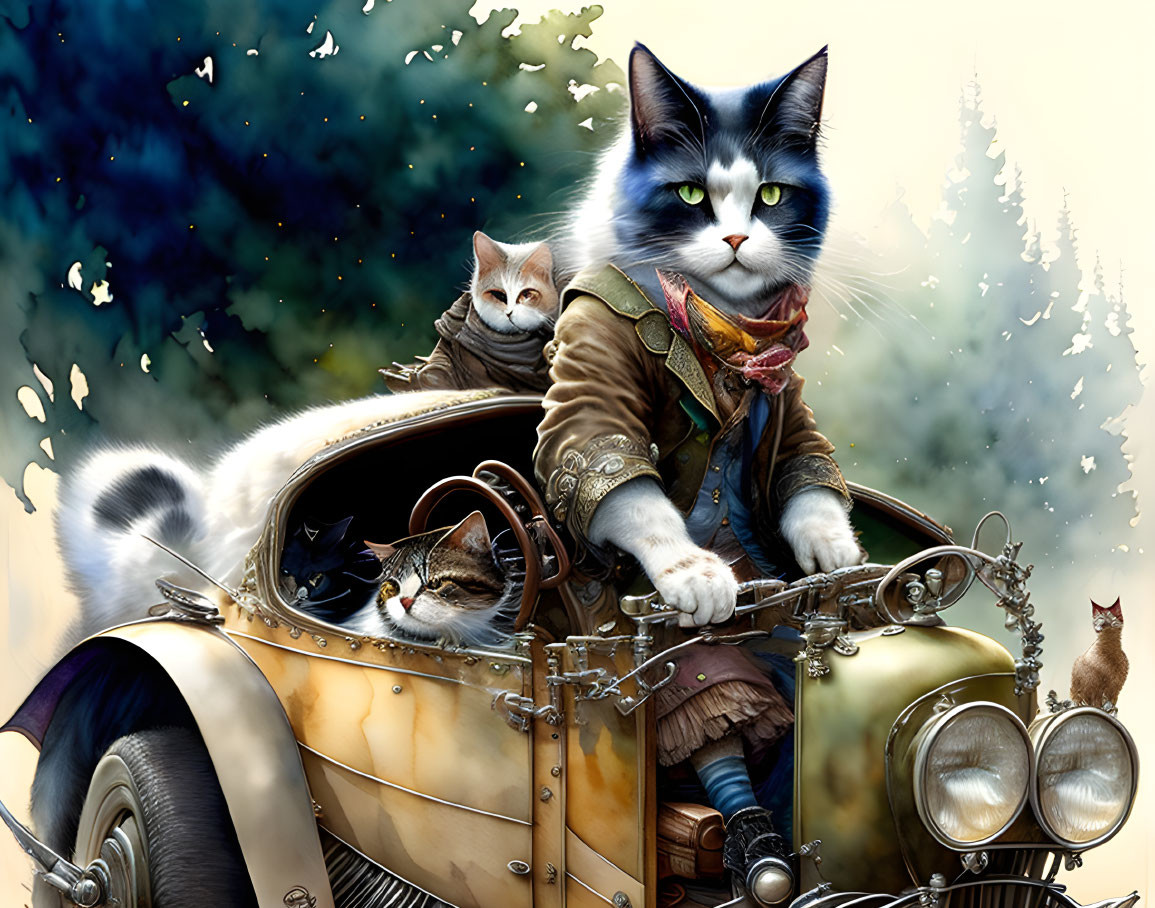 Three anthropomorphic cats in vintage clothing driving an old-fashioned car through a forest