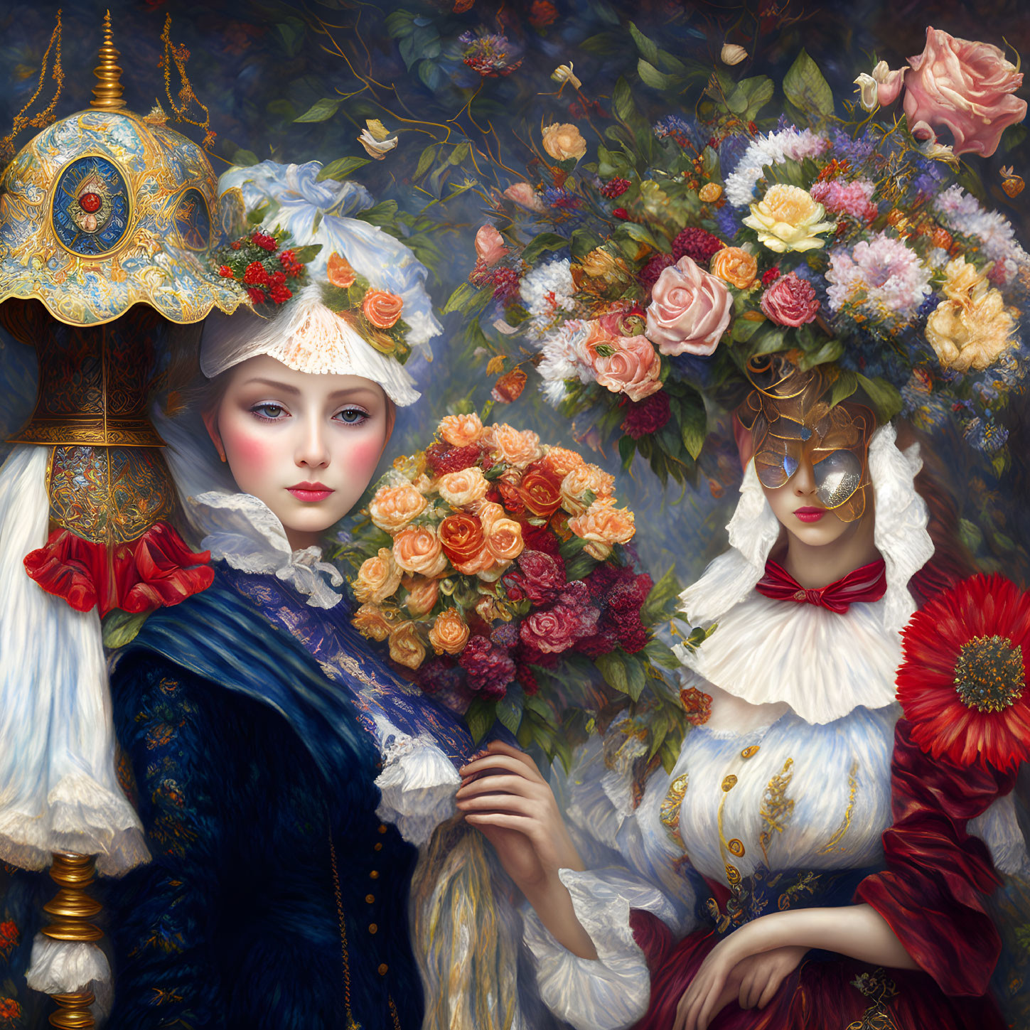 Two women in historical costumes with masks and bouquets in front of lush florals.