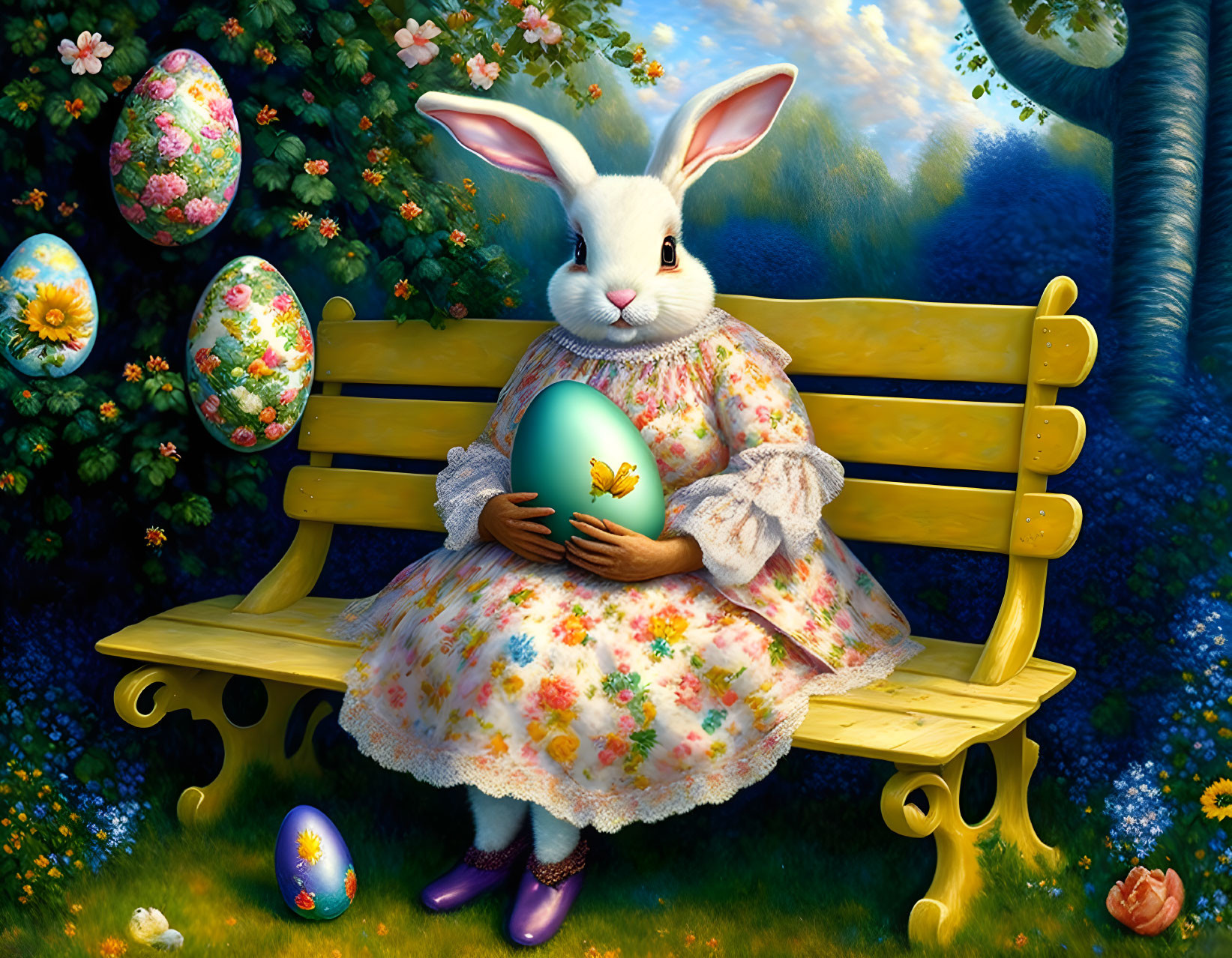 Illustration of humanoid rabbit with Easter egg in garden