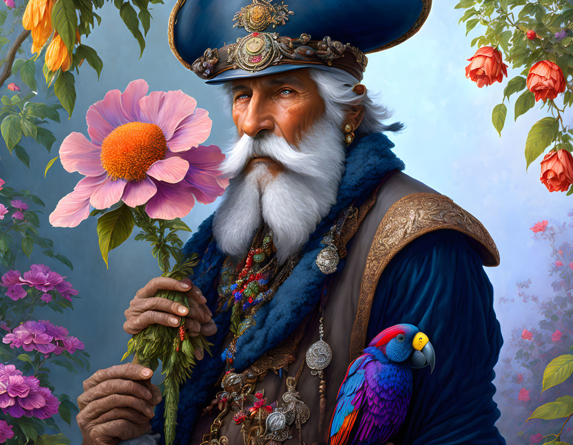 Elderly man with white beard, flower, and parrot in decorative hat amid vibrant flowers