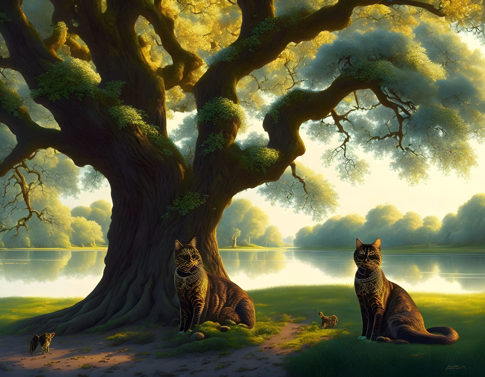 Two Striped Cats Under Tree by Water with Tiny Cat Figures